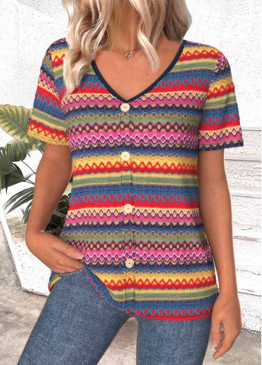 Modlily Multi Color Button Tribal Print Short Sleeve T Shirt - M