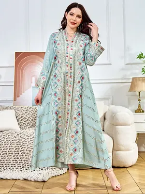 Elegant Light Muslim Kaftan Dress, V Neck Loose Fit Party Gown, Arabic Turkish Style Women's Fashion Robe