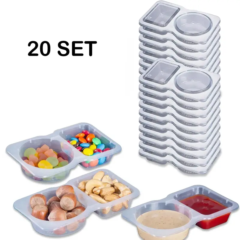 Disposable Double Compartment Plastic Container with Lid, 10/20 Sets Disposable Sauce Snack Container, Food Preservation Cont...