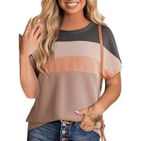 Dokotoo Womens Summer Tops 2025 Fashion Color Block Shirts Casual Crewneck Oversized Tshirts Ribbed Knit Tees Blouse