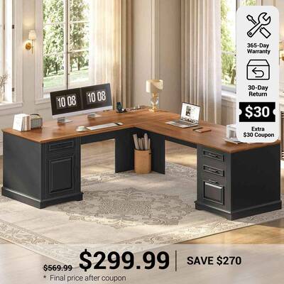 SEDETA ® 69 Inch Farmhouse Executive L Shaped Desk Corner Computer Desk with Drawers and Storage Cabinet Power Outlet Brown ...