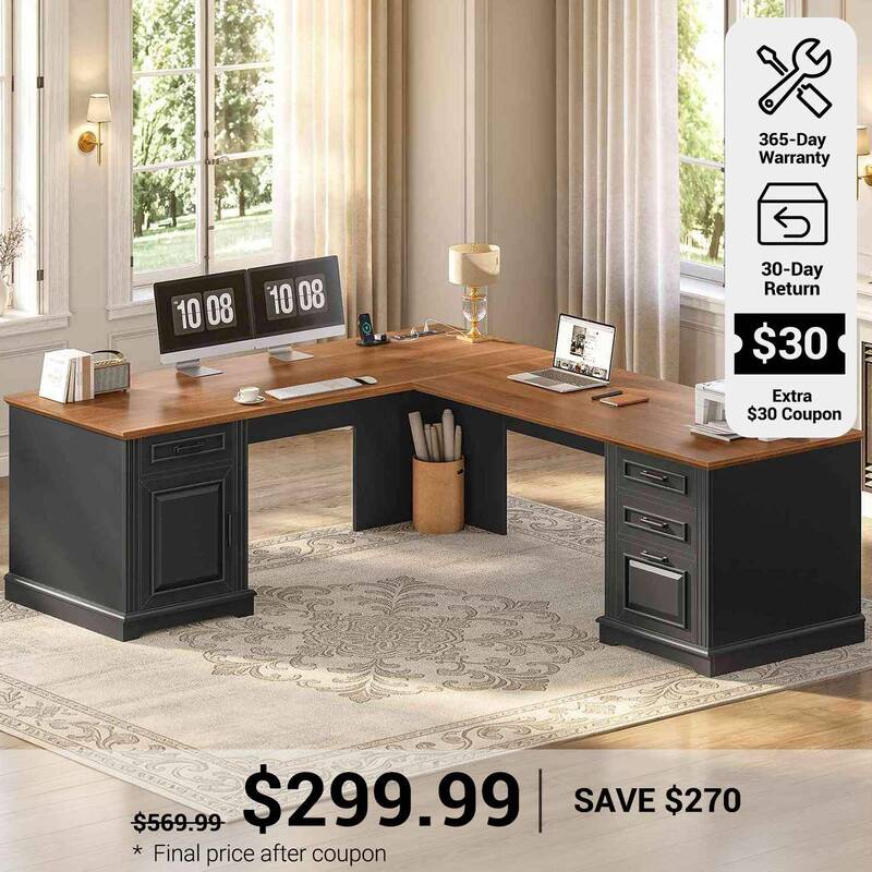 SEDETA ® 69 Inch Farmhouse Executive L Shaped Desk Corner Computer Desk with Drawers and Storage Cabinet Power Outlet Brown ...