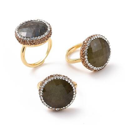 Natural Labradorite Flat Round Adjustable Ring with Rhinestone