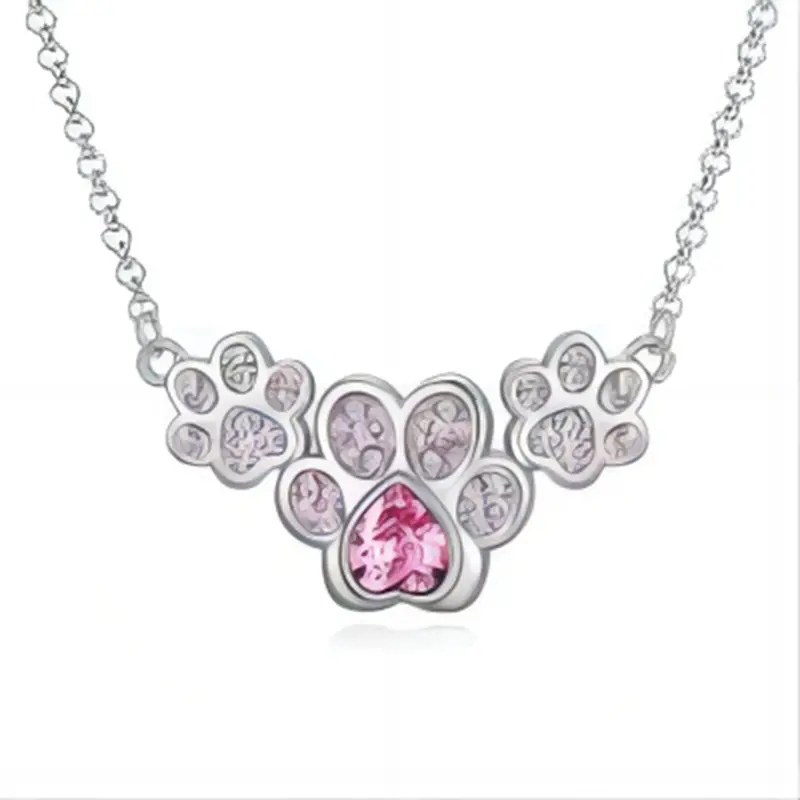 Sterling Silver Heart Crystal Paw Pendant Necklace