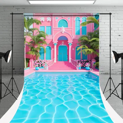 Pink Blue Villa Pool Sweep Photography Backdrop - Aperturee
