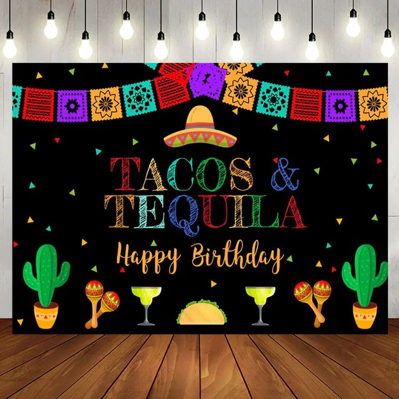 Aperturee Tacos Tequila Colorful Flags Happy Birthday Backdrop