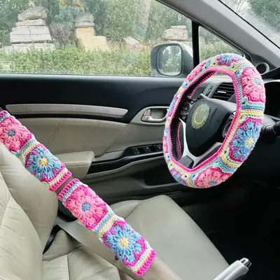 Floral Pattern Car Steering Wheel Cover & Seat Belts Cover, Colored Crocheted Non-slip Car Steering Wheel Protector & Seat Be...