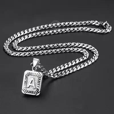 Hermah Silver Color Initial Letter A-Z Pendant Necklace 18-22 Stainless Steel Curb Chain Charm Jewelry
