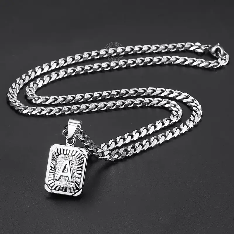 Hermah Silver Color Initial Letter A-Z Pendant Necklace 18-22 Stainless Steel Curb Chain Charm Jewelry