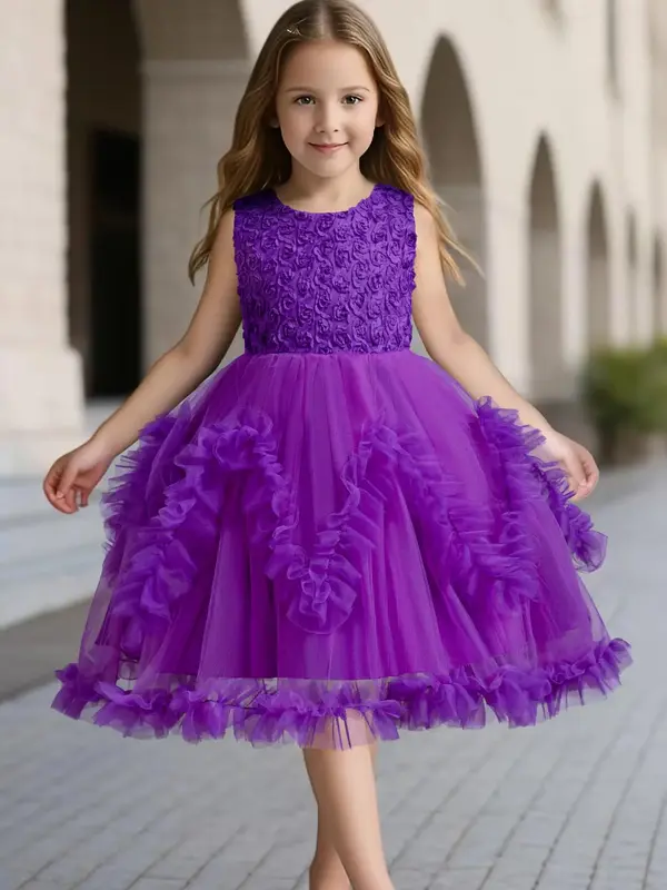 Girl's Solid Ruffle Trim Tulle Dress, Elegant Sleeveless Round Neck A Line Dress for Party Performance Wedding Guest, Kids Cl...