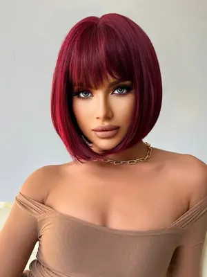 12 Inch Burgundy Short Straight Wigs for Women, Gorgeous Wigs with Bangs, Synthetic Wigs for Party, Daily Use, Burgundy Short...