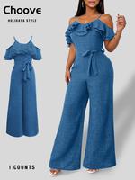 Women's Solid Color Ruffle Trim Jumpsuit, Casual Sexy Belted Jumpsuit for Summer, Ruched Jumpsuit, Women's Jumpsuit for Daily...