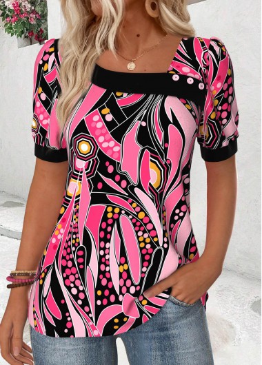 Modlily Pink Geometric Print Short Sleeve Asymmetrical Neck T Shirt - M