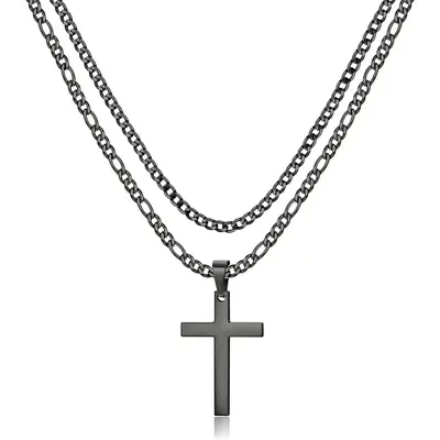 FLORIDECO Stainless Steel Silver Black Layered Rope Chain Cross Pendant Necklace Cross Necklace Simple Jewelry Gifts Chain Ne...
