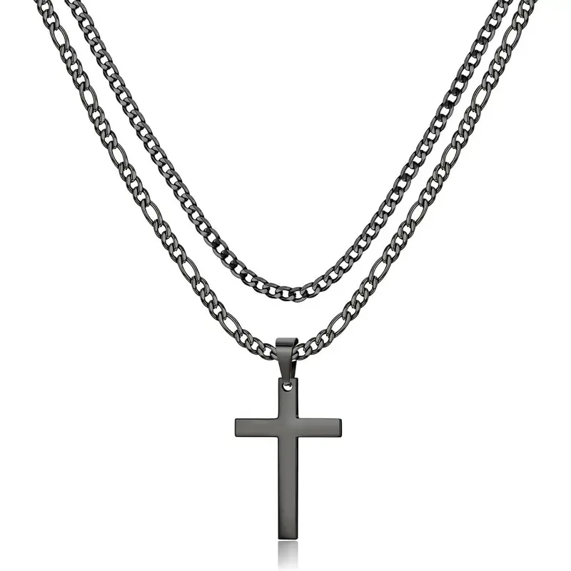FLORIDECO Stainless Steel Silver Black Layered Rope Chain Cross Pendant Necklace Cross Necklace Simple Jewelry Gifts Chain Ne...