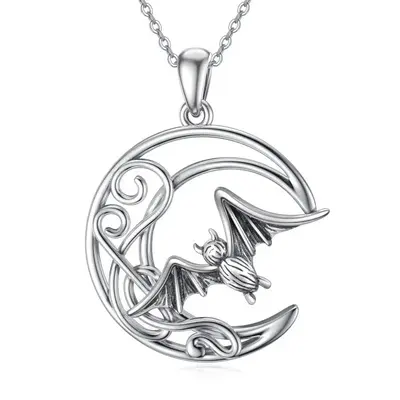Sterling Silver Bat & Moon Pendant Necklace