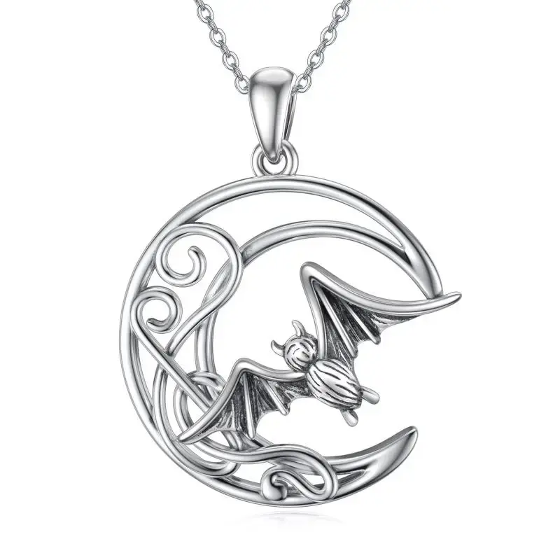 Sterling Silver Bat & Moon Pendant Necklace