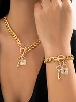 Women's Fashion Lock & Key Pendant Chain Bracelet & Necklace (2pcs), with Rhinestone Decor, Fashion Jewelry for Party, Daily ...