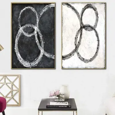 Large Art Work Black Painting On Canvas Modern Wall Art Set Of 2 Gold And White | RECURRING TUNE