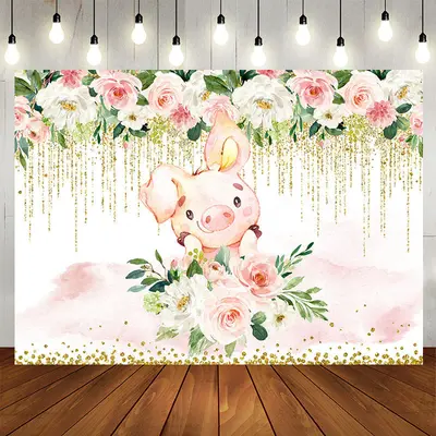 Aperturee White pink floral cute pig baby shower backdrop