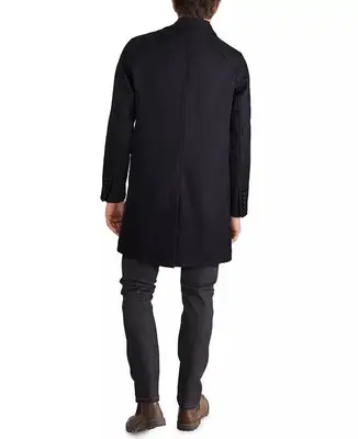 Men's Layered Look Classic-Fit Twill Topcoat with Faux-Leather Trim - Navy