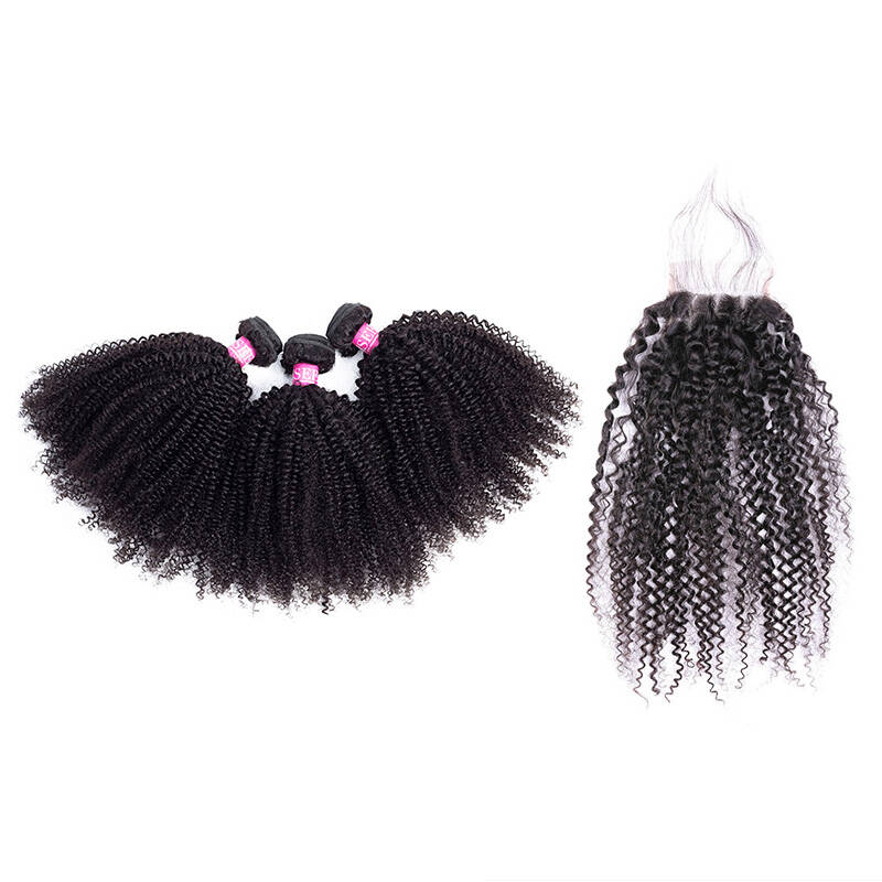 ISEE HAIR Afro Curly Bundles with Closure 10A Grade 100% Human Virgin Hair
