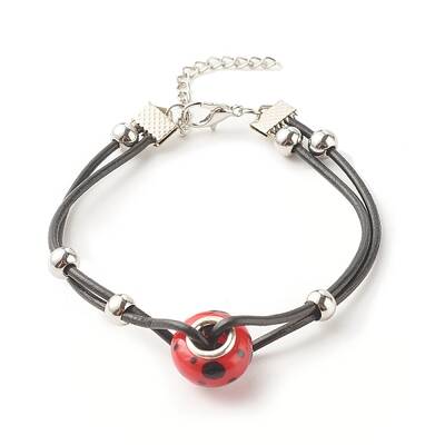 Lampwork Big Rondelle Link Bracelet with Cowhide Leather Cord for Women