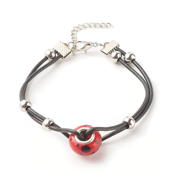 Lampwork Big Rondelle Link Bracelet with Cowhide Leather Cord for Women