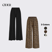 Cider [3 colors, size 0-24] Mid Rise Elastic Waist Leopard Wide Leg Trousers