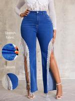 Women's Fringe Trim Denim Jeans, Casual Comfy Jeans for Daily Wear, Ladies Pants Bottoms for Summer, Womenswear, Trouser