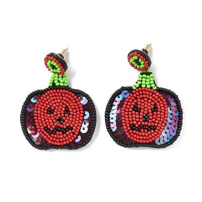 Halloween Pumpkin Glass Seed Braided Dangle Stud Earrings
