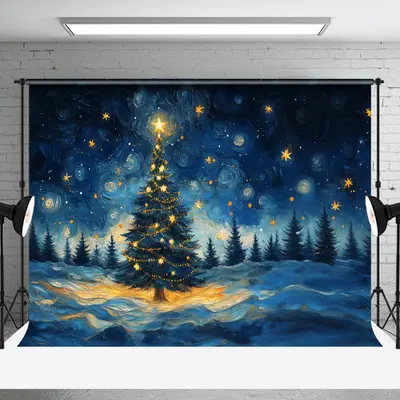 Abstract Starry Blue Sky Tree Christmas Backdrop - Aperturee
