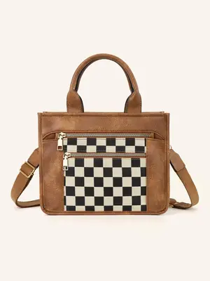 Checkerboard Pattern Top Handle Bag, Fashionable Canvas Shoulder Bag for Women, Casual Trendy Versatile High-quality Daily C...