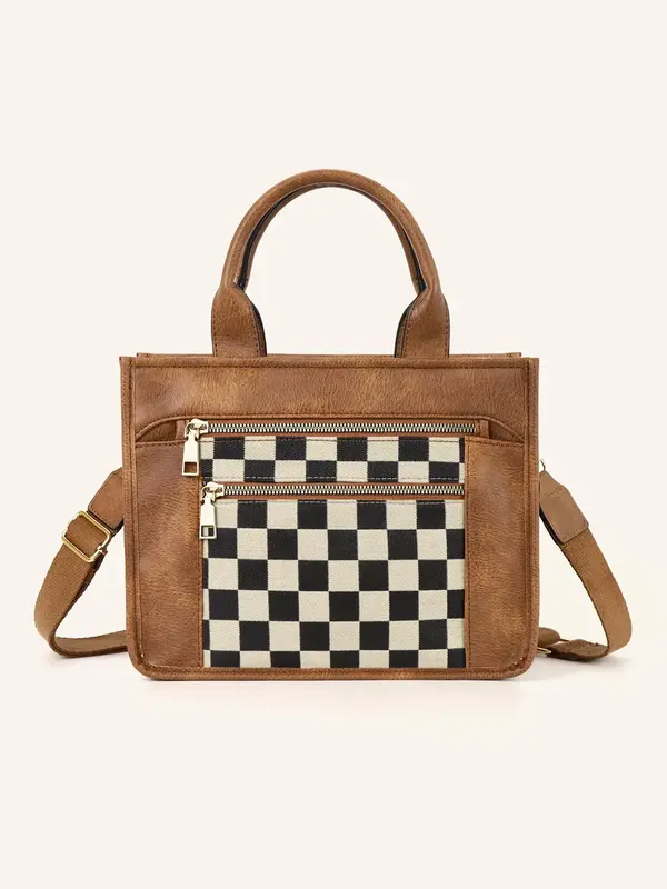 Checkerboard Pattern Top Handle Bag, Fashionable Canvas Shoulder Bag for Women, Casual Trendy Versatile High-quality Daily C...