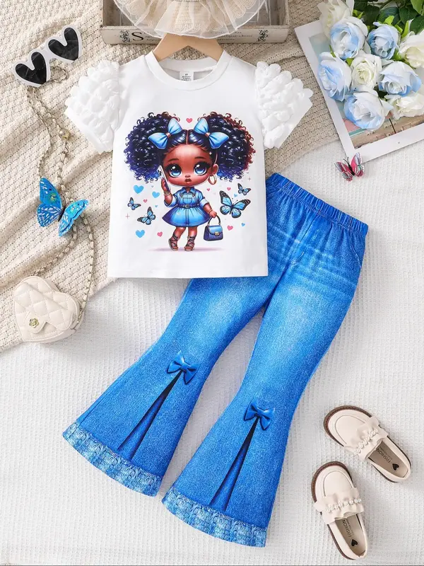 Toddler Girl's Cartoon  Print Tee & Denim-effect Print Flare Leg Pants Two-piece Set, Cute Casual Round Neck Short Sleeve T-s...