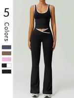 Women's Solid Color Contrast Trim Tank Top & Flare Leg Pants Sportswear Set, Sporty Casual Comfy Breathable for Yoga Gym Work...
