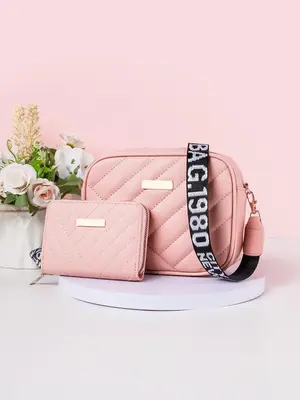 Women's Simple Plain Color Quilted Crossbody Bag & Small Square Wallet (2pcs/set), Casual Trendy Bag Set, Fashionable Bag Set...