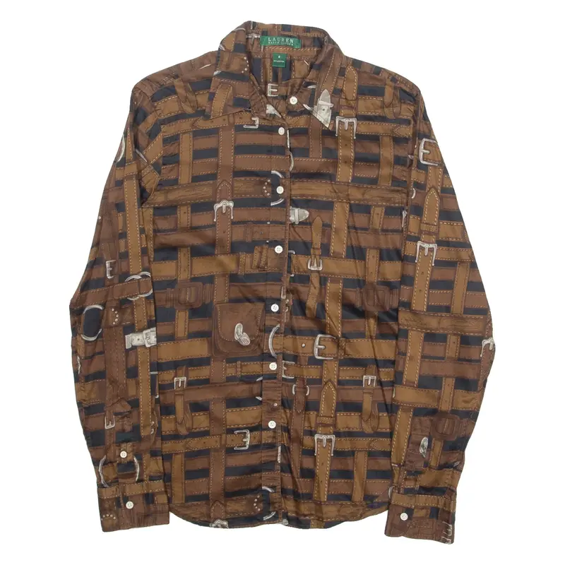 LAUREN RALPH LAUREN Womens Printed Shirt Brown Long Sleeve Crazy Pattern S