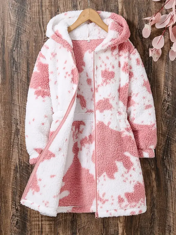 Girl's Random Tie Dye Print Zip Up Hooded Fuzzy Winter Coat, Casual Long Sleeve Waist Closure Warm Coat for Fall & Winter, Ki...