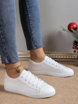 Women's Summer Fashionable Lace Up Low Top Sneakers, Casual Comfortable Sports Pu Leather Walking Shoes for Daily Footwear, P...