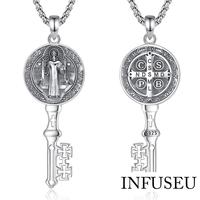 INFUSEU St. Benedict Cross Key Necklace 925 Sterling Silvery Patron Saint Medal Necklace Catholic Protection Pendant Amulet R...