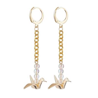 Origami Crane Brass Chain Dangle Earrings with Acrylic Beads