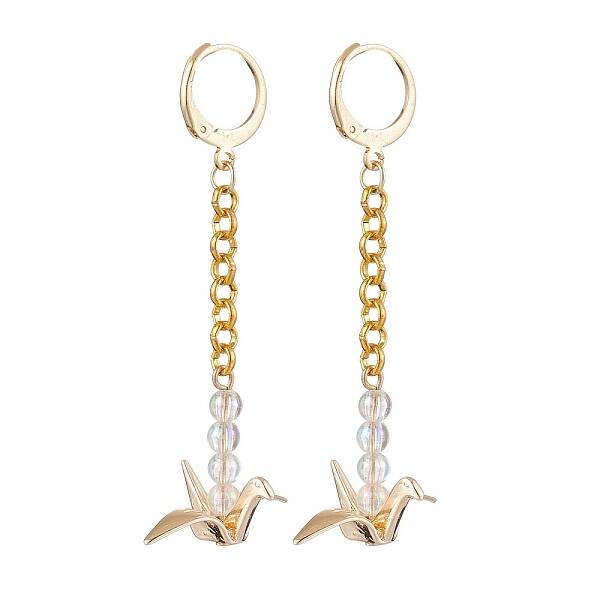 Origami Crane Brass Chain Dangle Earrings with Acrylic Beads