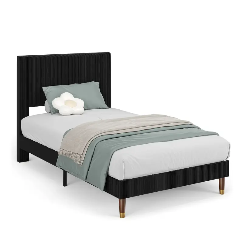 Garvee Twin Bed Frame with Headboard, Corduroy Upholstered Platform Bed with Wooden Slats Support - No Box Spring Needed & No...