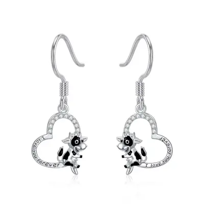 Sterling Silver Cow & Heart Drop Earrings with Engraved Word
