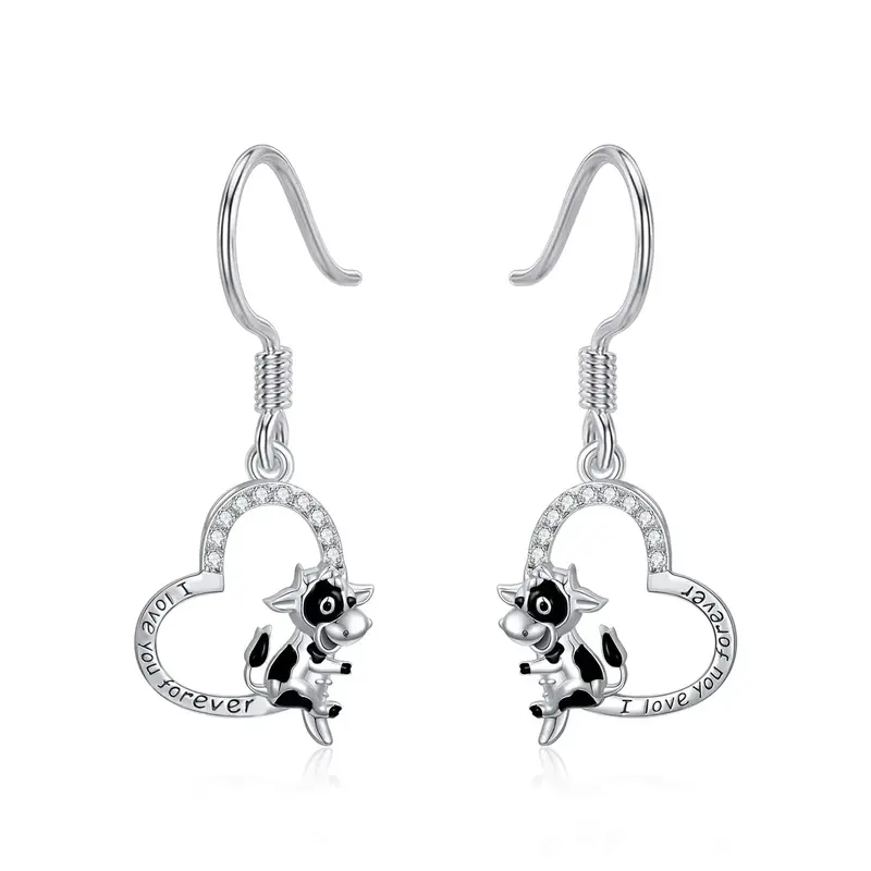 Sterling Silver Cow & Heart Drop Earrings with Engraved Word