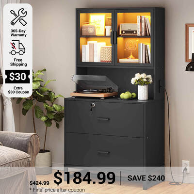 SEDETA ® 2 Drawer Wood File Cabinet with Charging Station and Bookshelf for Home Office Black Home Office Furniture