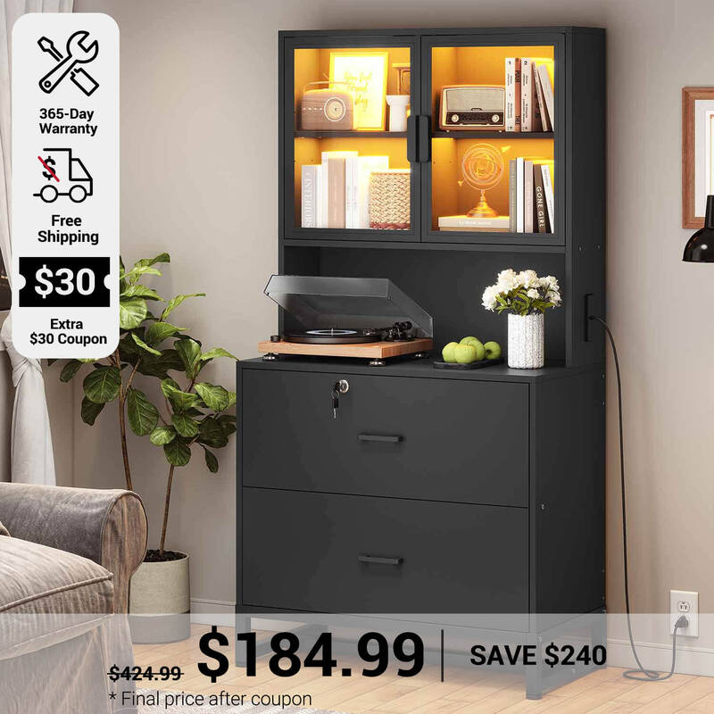 SEDETA ® 2 Drawer Wood File Cabinet with Charging Station and Bookshelf for Home Office Black Home Office Furniture