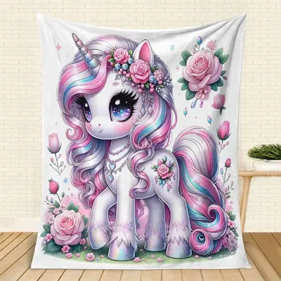 Unicorn & Flower Pattern Air-conditioning Room Blanket, Trendy Casual Soft Throw Blanket, All Season Breathable Comfortable ...