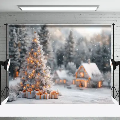 Snowy Rural House Forest Trees Christmas Backdrop - Aperturee